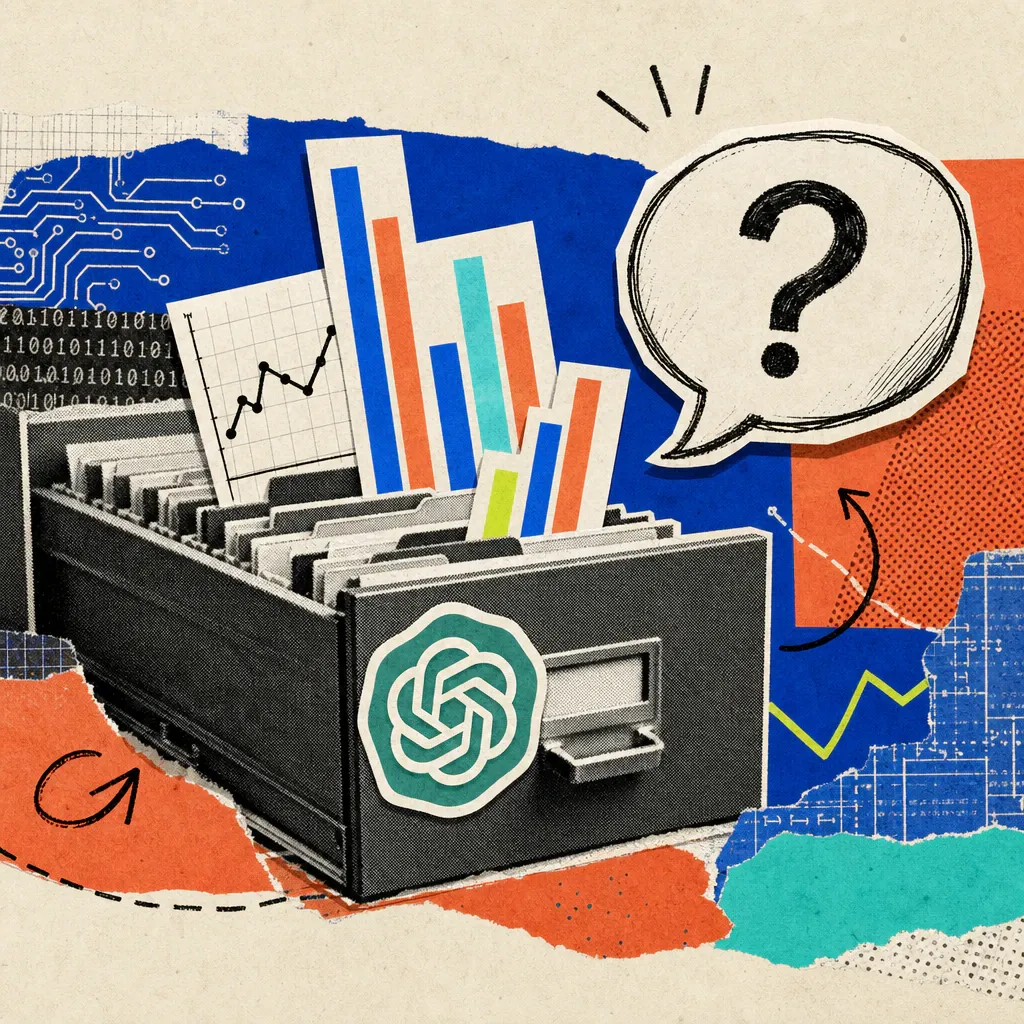 A ChatGPT logo sticker is affixed to an open file drawer full of folders, with bar and line charts spilling out like paper scraps, next to a speech bubble with a question mark.