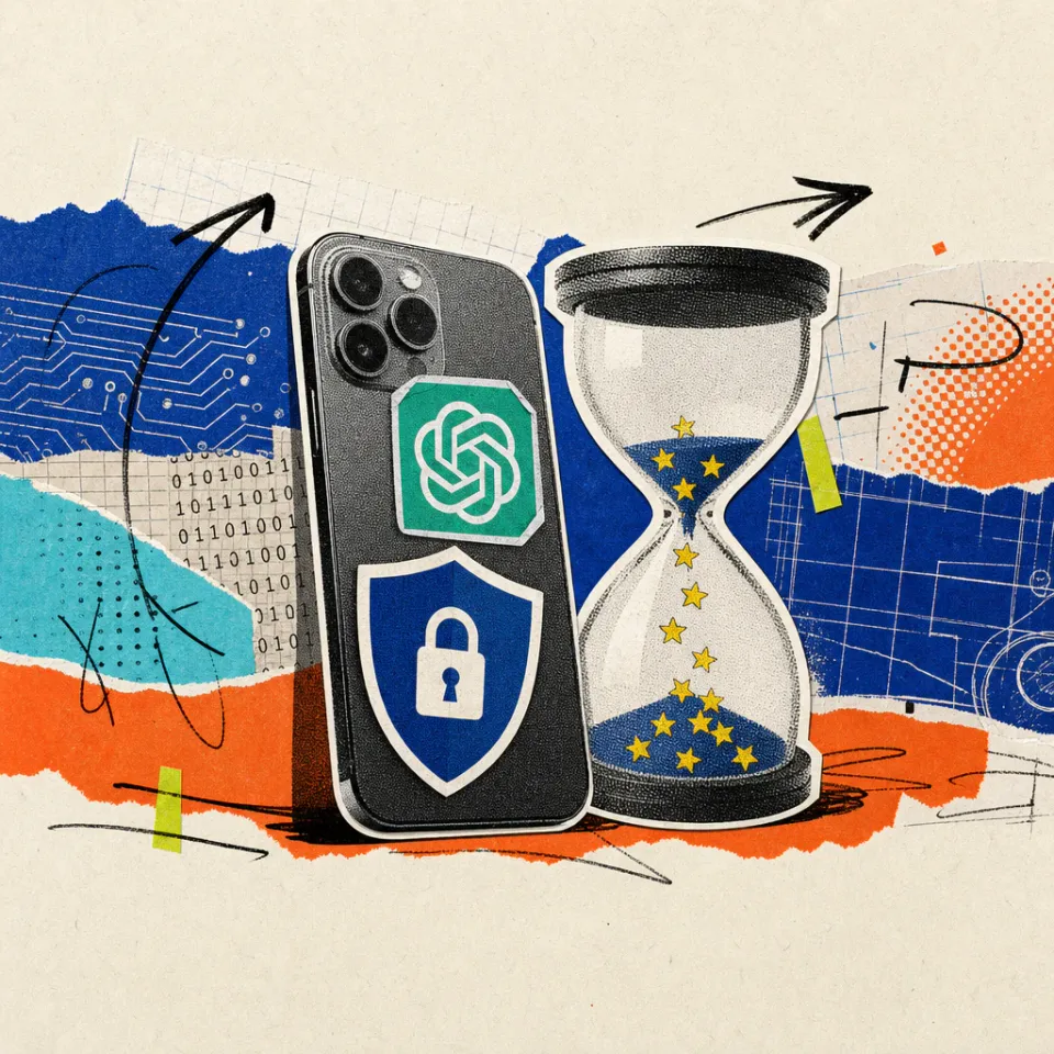 Ein Smartphone mit ChatGPT-Logo ist von einem Schutzschild-Sticker umgeben, davor rieseln EU-Sterne durch eine Sanduhr.