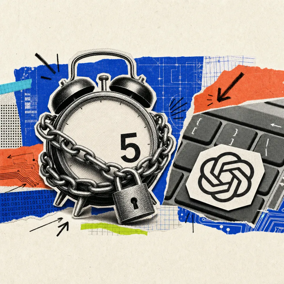 Ein Wecker mit der Ziffer Fünf auf dem Zifferblatt wird von einer Kette mit Vorhängeschloss umschlungen, daneben ein OpenAI-Logo-Sticker auf einer Tastatur