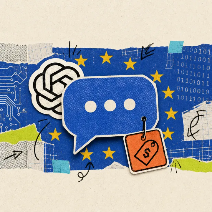An OpenAI logo sticker peeks out from behind a chat speech bubble, which has a small advertisement sign hanging from it, surrounded by the stars of the EU flag.