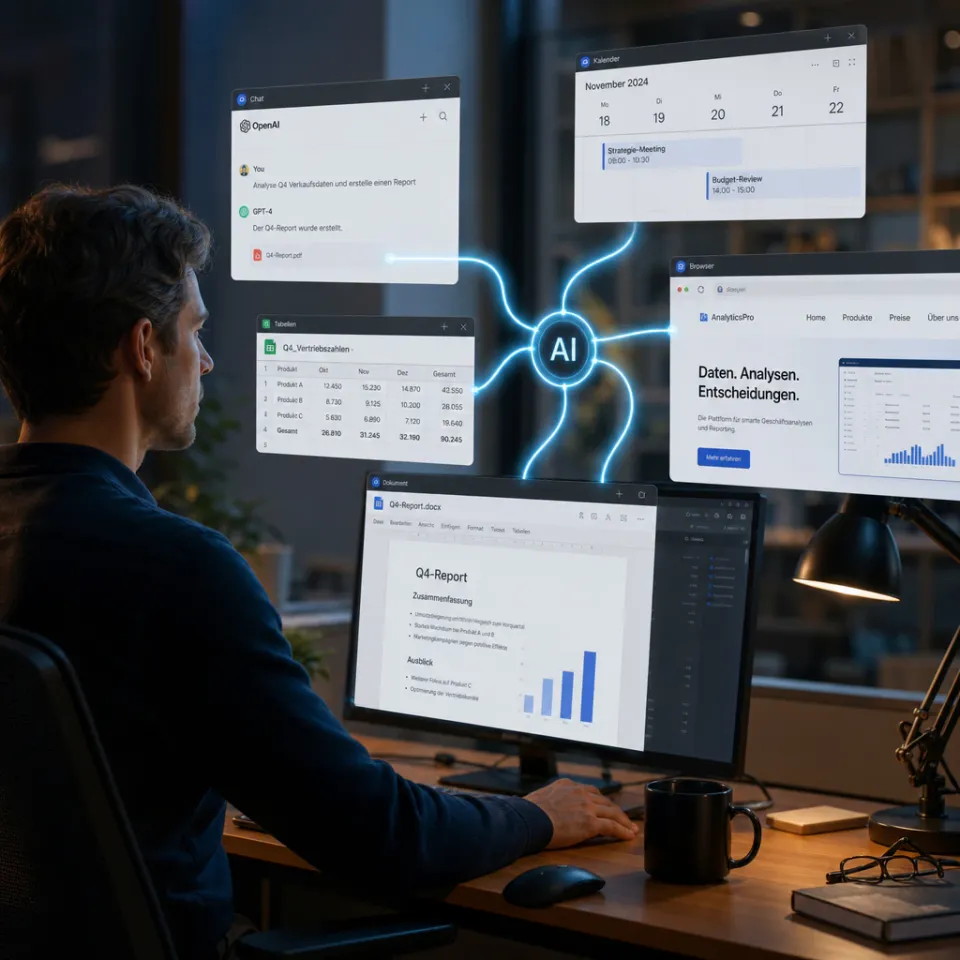 Illustration of a desk workspace with multiple screens displaying automatically generated documents and a website, symbolically representing an AI agent