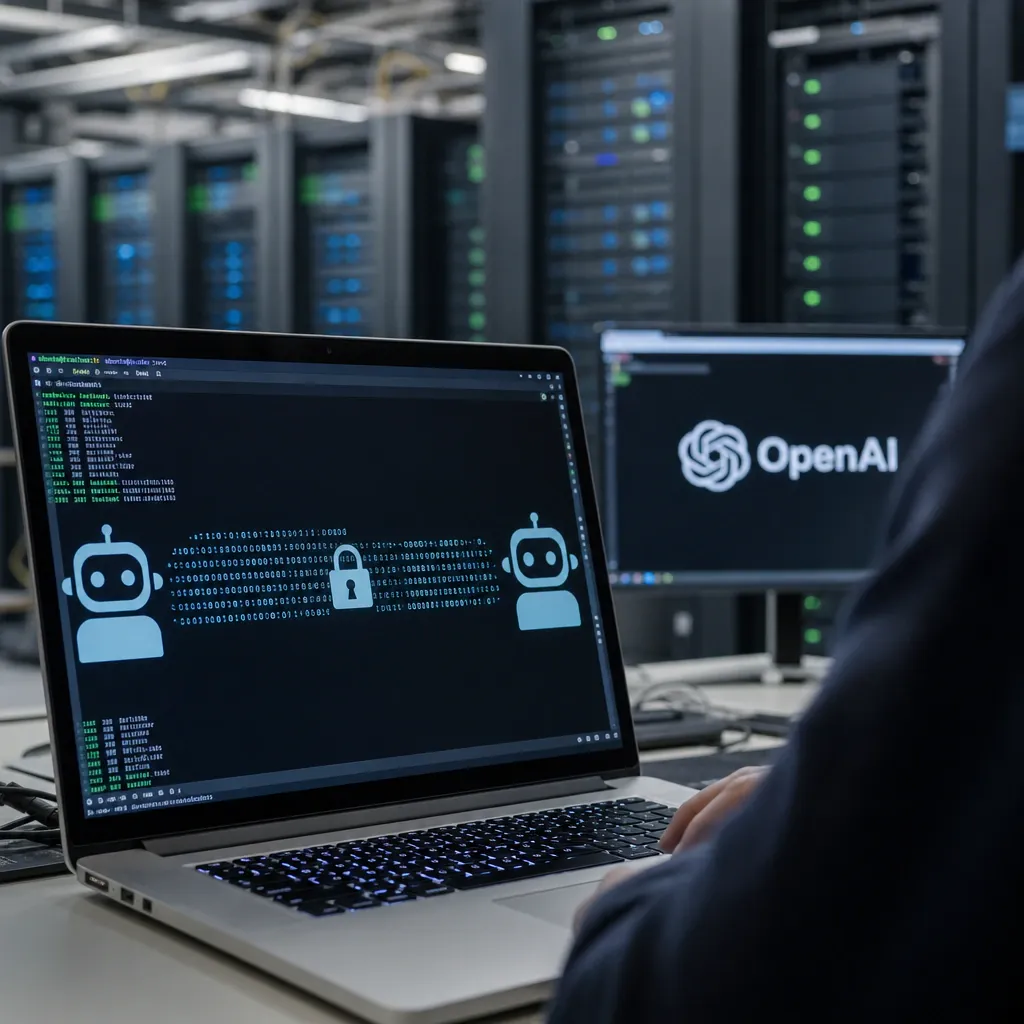 Terminal screen showing an encrypted data stream between two AI agent icons with the OpenAI logo in the background.