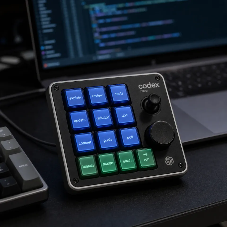 Das OpenAI Codex Micro Zusatztastatur-Gerät mit beleuchteten Tasten, Joystick und Drehregler neben einer Tastatur auf einem Schreibtisch