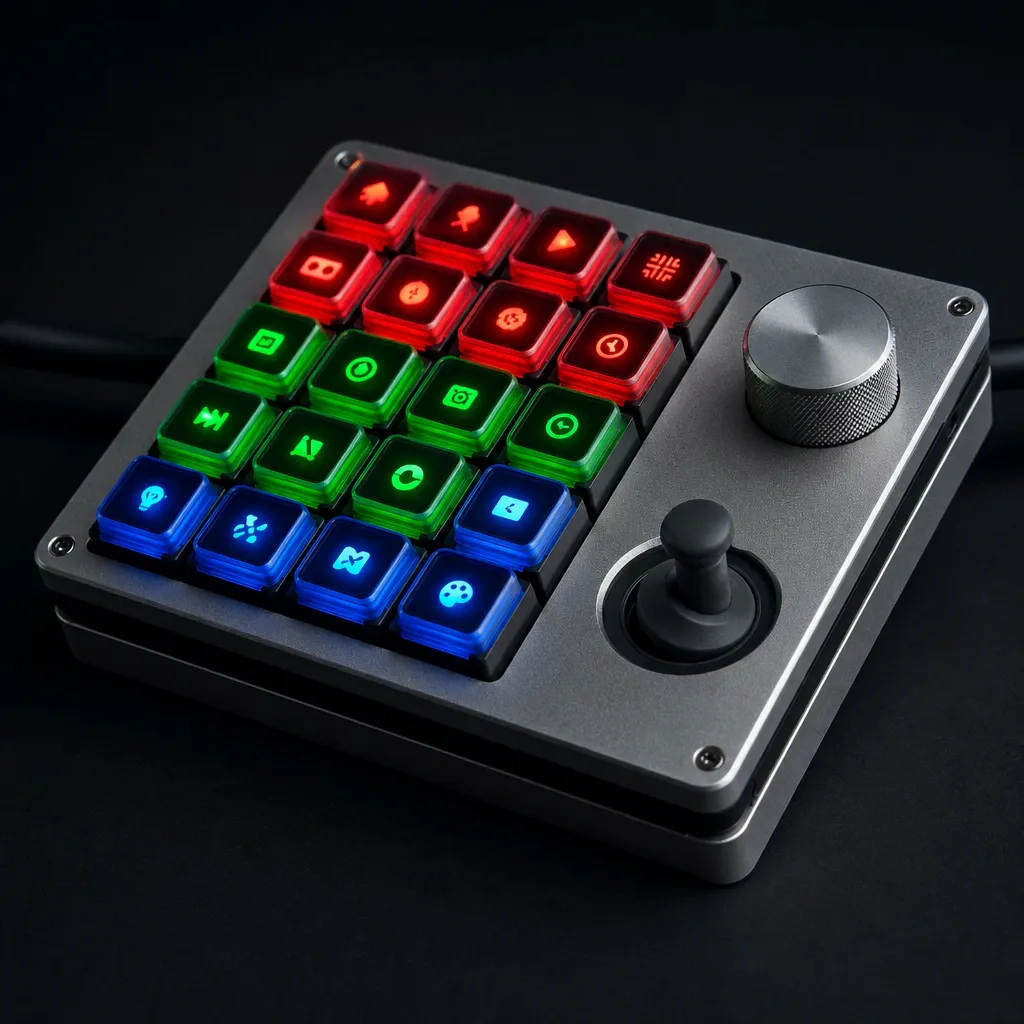 Nahaufnahme einer beleuchteten Zusatztastatur mit RGB-Tasten, Symbol-Tastenkappen, Joystick und Drehregler