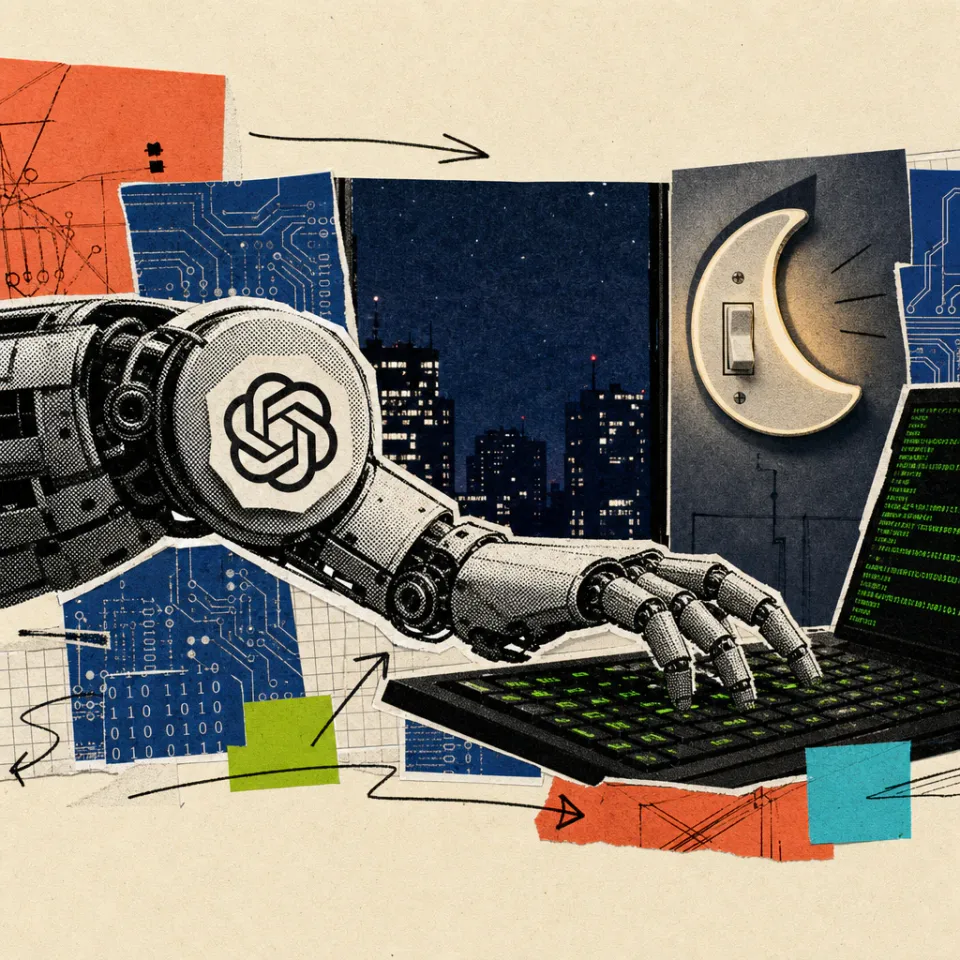 Ein Roboterarm mit OpenAI-Logo-Aufkleber tippt bei Nacht weiter auf einer Tastatur mit leuchtenden Codezeilen, im Hintergrund ein Lichtschalter in Form eines Halbmonds, der noch an ist.
