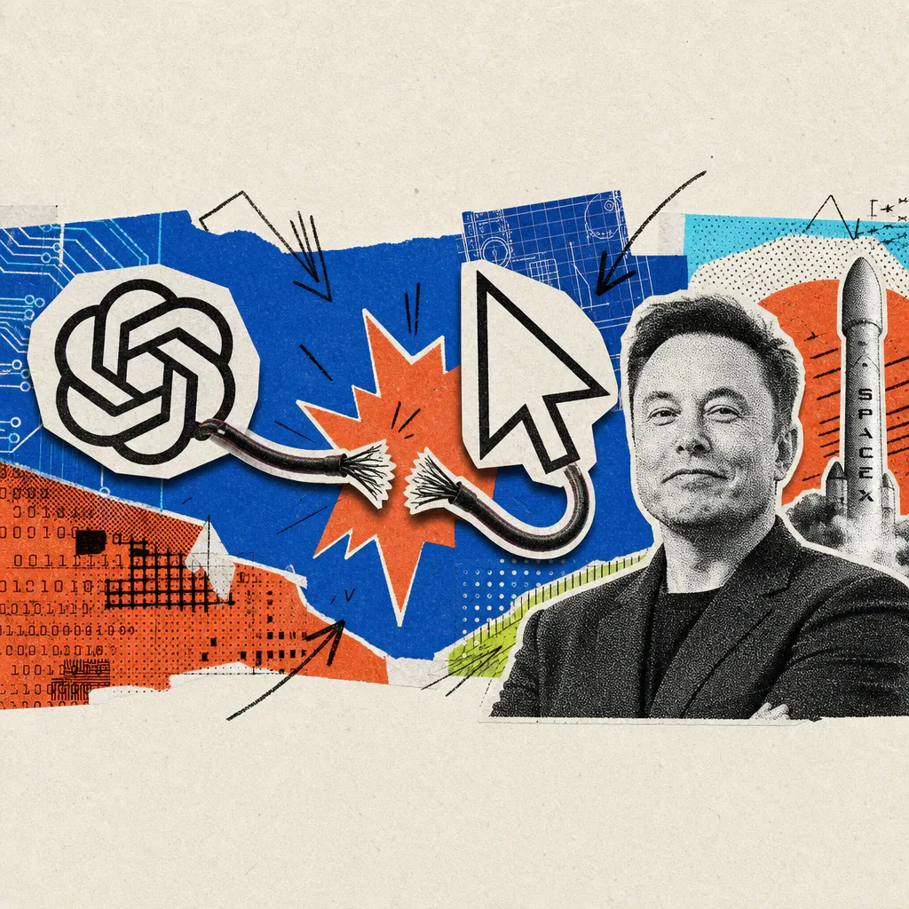 Ein durchtrenntes Kabel trennt das OpenAI-Logo vom Cursor-Logo, im Hintergrund steht Elon Musk gelassen lächelnd neben einer kleinen SpaceX-Rakete.