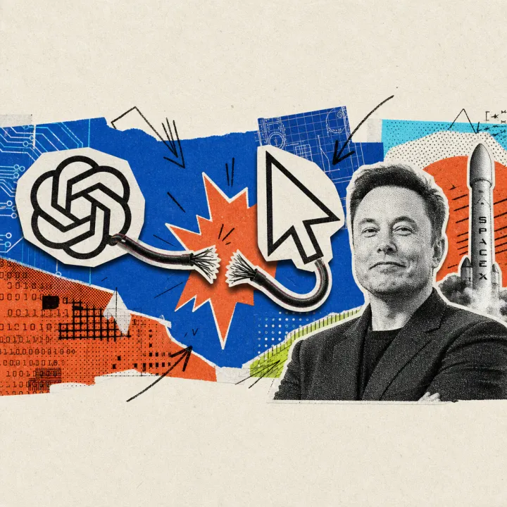 Ein durchtrenntes Kabel trennt das OpenAI-Logo vom Cursor-Logo, im Hintergrund steht Elon Musk gelassen lächelnd neben einer kleinen SpaceX-Rakete.