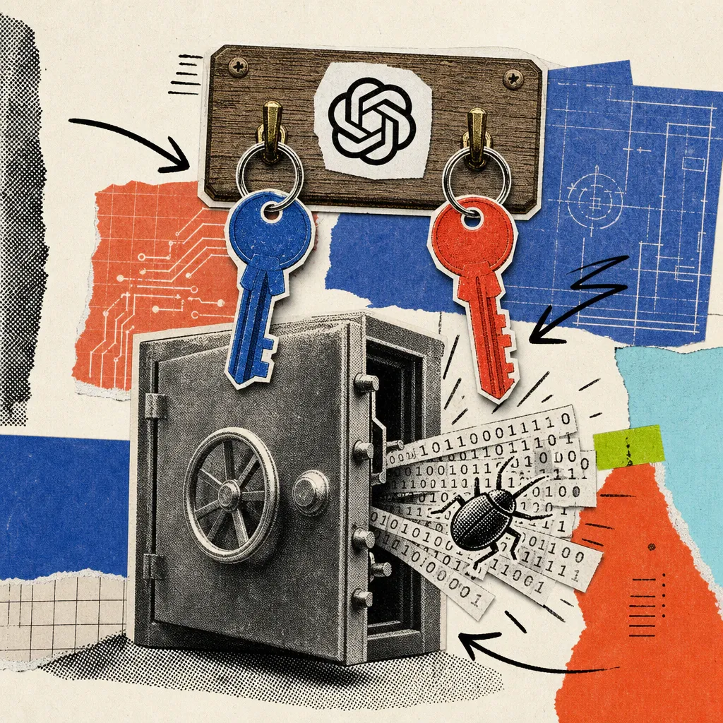 An einem Schlüsselbrett mit OpenAI-Logo hängen ein blauer und ein roter Schlüssel, darunter steht eine Tresortür offen, aus der Binärcode-Streifen und ein stilisierter Software-Käfer quellen.