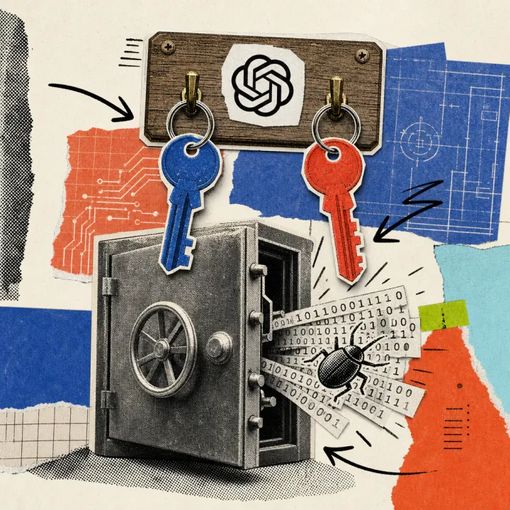 An einem Schlüsselbrett mit OpenAI-Logo hängen ein blauer und ein roter Schlüssel, darunter steht eine Tresortür offen, aus der Binärcode-Streifen und ein stilisierter Software-Käfer quellen.