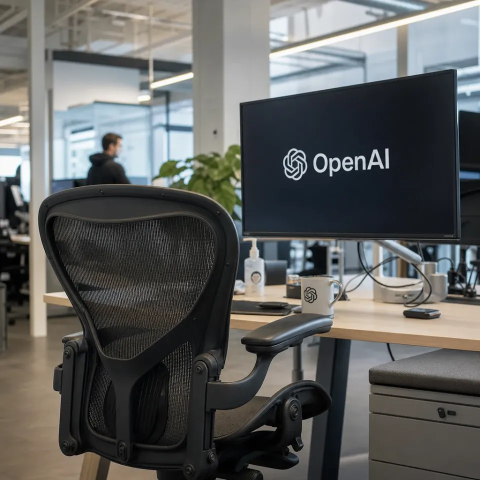 An empty office chair in front of a screen with the OpenAI logo symbolizes the leadership change following Fidji Simo's withdrawal from her full-time role.