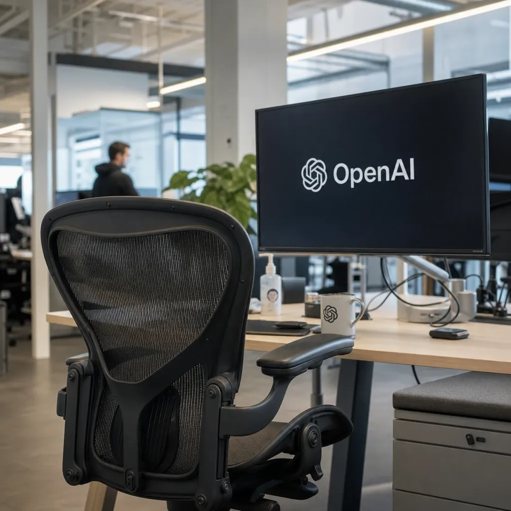 An empty office chair in front of a screen with the OpenAI logo symbolizes the leadership change following Fidji Simo's withdrawal from her full-time role.
