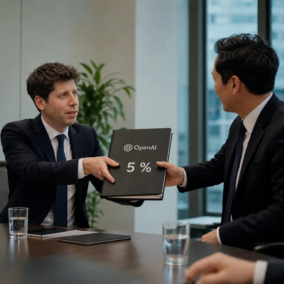 Photorealistic depiction: two businesspeople at a conference table – one hands the other a contract folder bearing the OpenAI logo and "5%".
