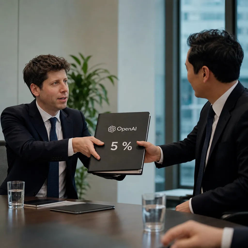Photorealistic depiction: two businesspeople at a conference table – one hands the other a contract folder bearing the OpenAI logo and "5%".