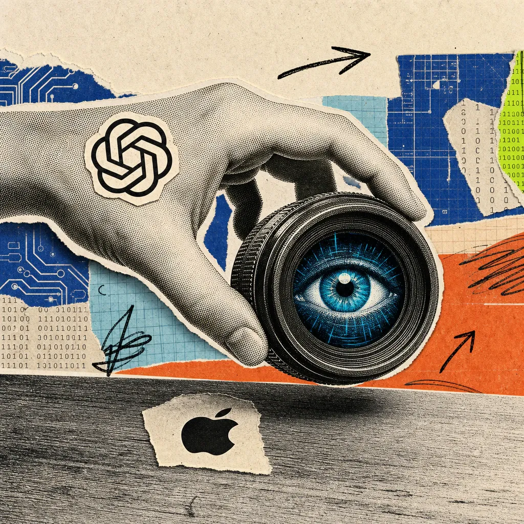 A hand with an OpenAI logo sticker lifts a camera lens with a glowing eye inside off a desk that has a small Apple logo stuck to it.
