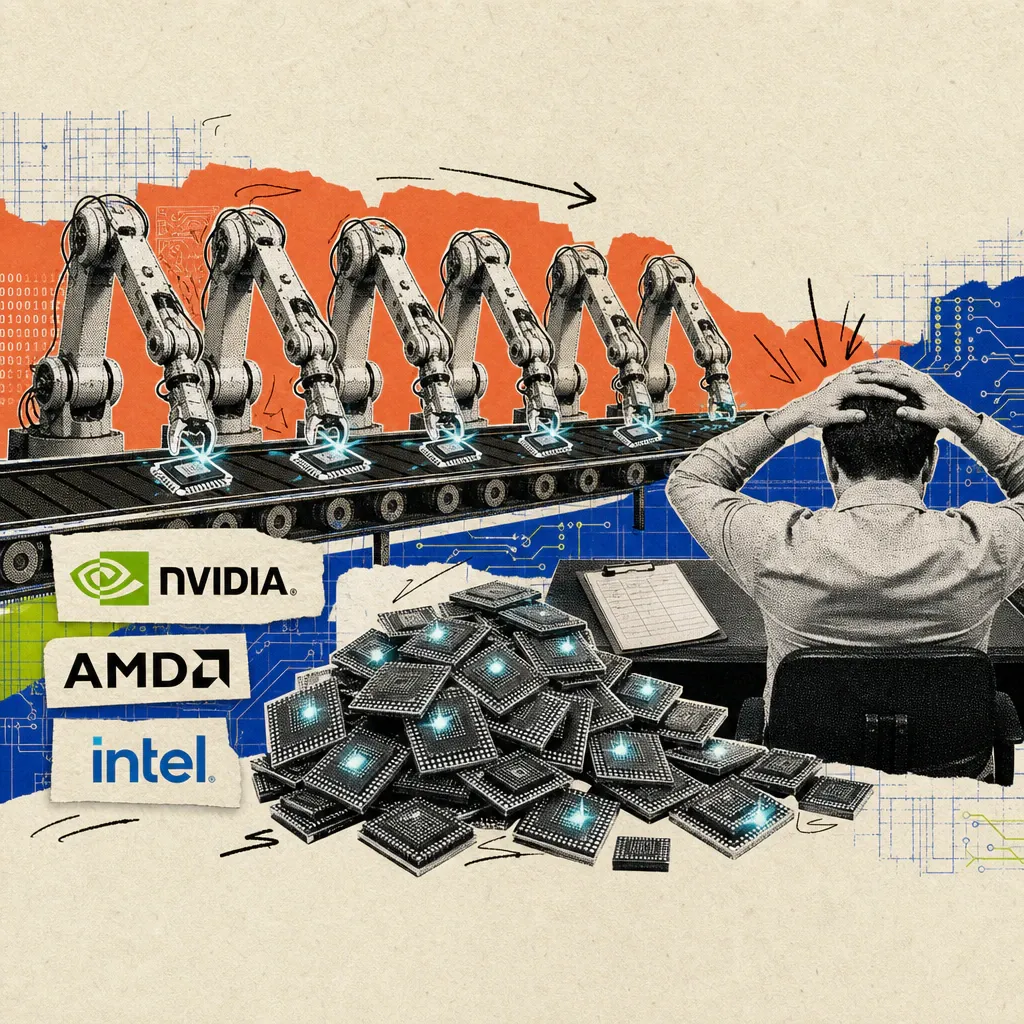 Fünf Roboterarme an einem Fließband werfen im Sekundentakt neue Chip-Module auf einen Tisch, an dem ein Büromensch erschöpft die Hände über dem Kopf zusammenschlägt, umgeben von einem Stapel liegen gebliebener Chip-Module
