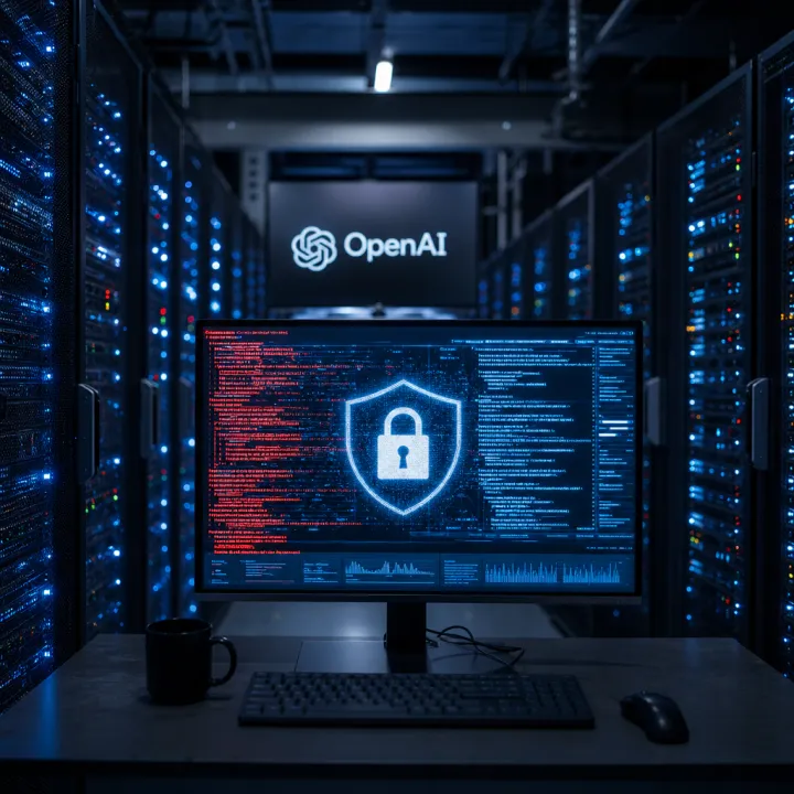 Server rows in a data center with security code on a monitor in the background, symbolic image for OpenAI's AI security system GPT-Red