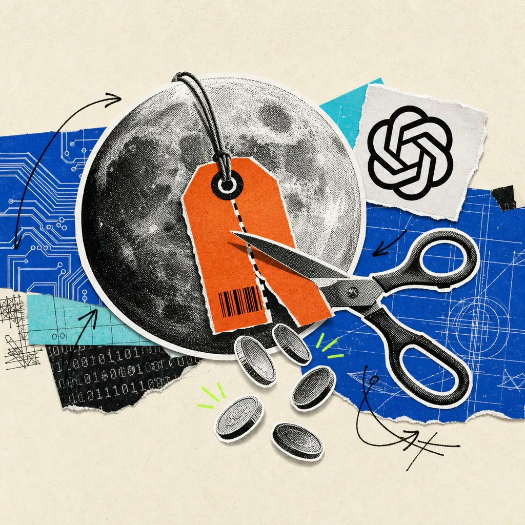 Ein Mond, an dem ein orangefarbenes Preisschild hängt; eine große Schere schneidet es durch, darunter fallen Münzen, daneben das OpenAI-Logo auf einem Papierschnipsel