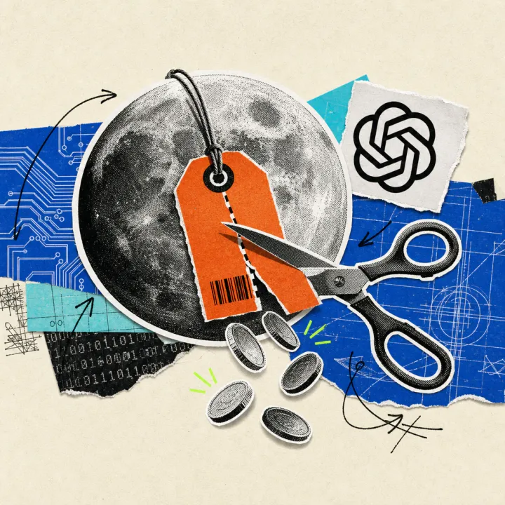 A halftone moon with an orange price tag being cut by a large pair of scissors, coins tumbling below; next to it the OpenAI logo on a paper scrap