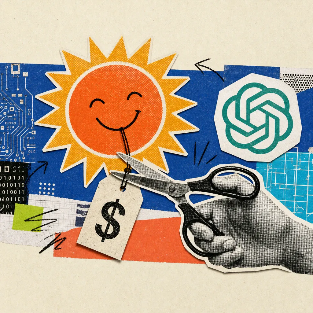 Eine stilisierte Sonne mit einem herabhängenden Preisschild, das von einer großen Schere kleiner geschnitten wird, daneben ein OpenAI-Logo-Sticker auf Papier