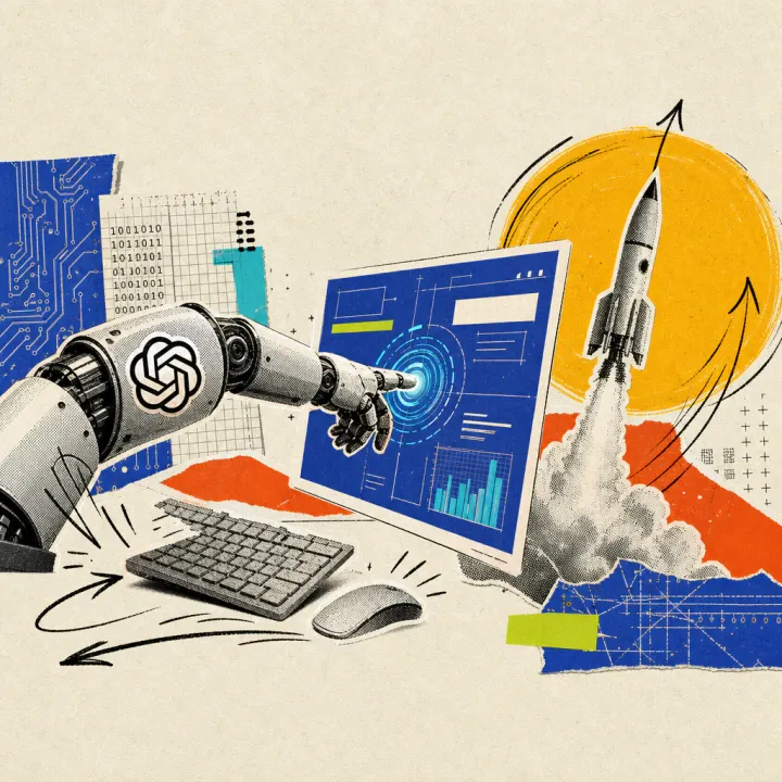 A robotic arm bearing an OpenAI logo sticker pushes aside a keyboard and mouse to operate a floating screen interface directly, while a hand-drawn yellow circle in the background turns into a launching rocket