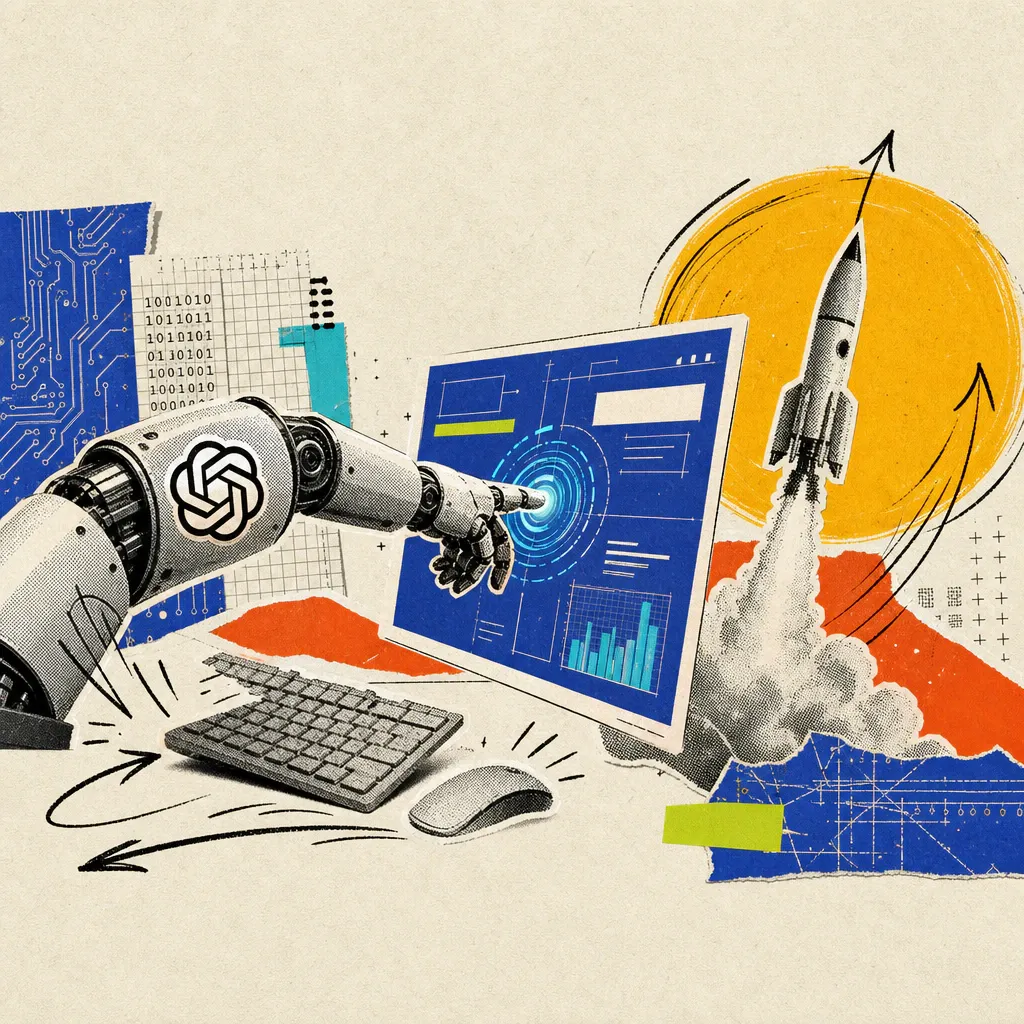 A robotic arm bearing an OpenAI logo sticker pushes aside a keyboard and mouse to operate a floating screen interface directly, while a hand-drawn yellow circle in the background turns into a launching rocket