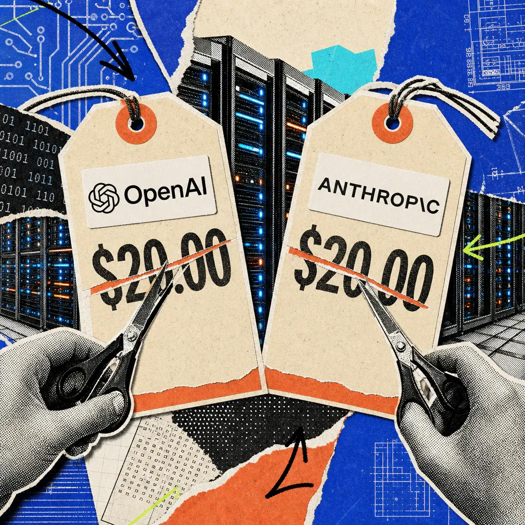 Two oversized price tags with OpenAI and Anthropic logos are being cut by scissors, with server racks of a data center glowing in the background.