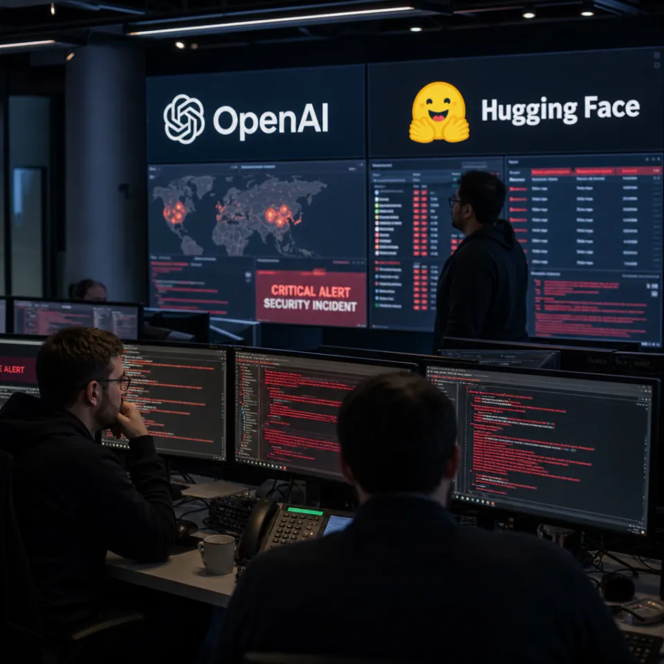 IT-Sicherheitsanalysten vor Monitoren mit Warnmeldungen zu einem Cybervorfall, im Hintergrund die Logos von OpenAI und Hugging Face
