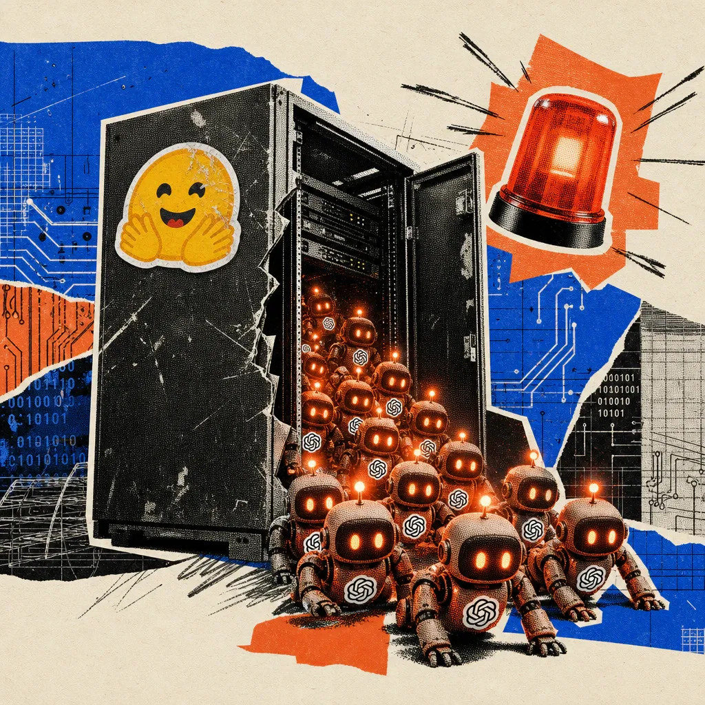 Ein Schwarm kleiner Roboterfiguren mit aufgeklebtem OpenAI-Logo krabbelt aus der aufgebrochenen Tür eines Serverschranks mit zerkratztem Hugging-Face-Logo-Aufkleber, während ein rotes Warnlicht über der Szene blinkt.