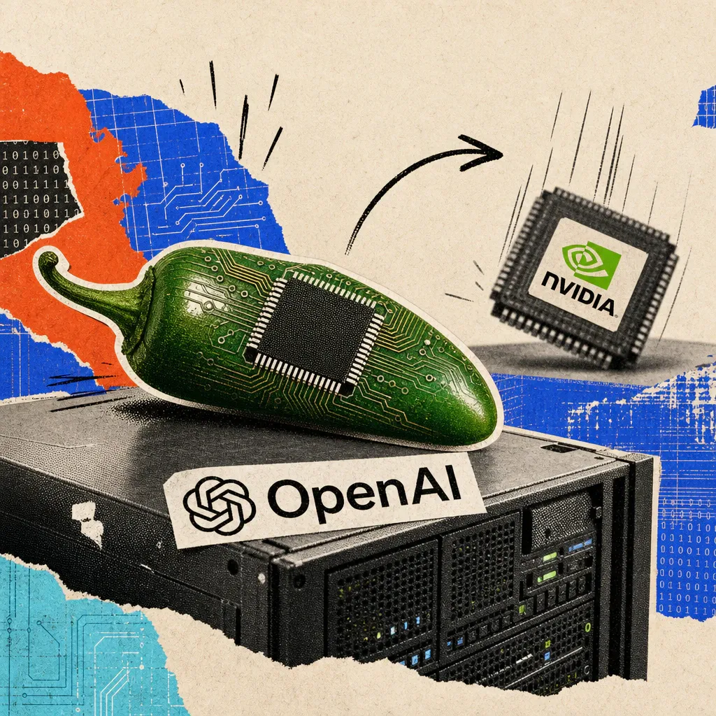 A microchip in the shape of a jalapeño pepper lies in front of a server rack with the OpenAI logo, in the background a receding chip with the Nvidia logo.
