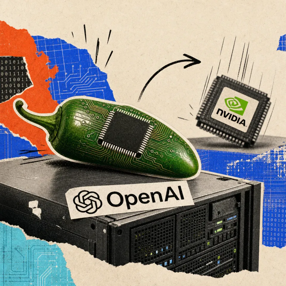 Ein Mikrochip in Form einer Jalapeño-Peperoni liegt vorn auf einem Serverschrank mit OpenAI-Logo, im Hintergrund ein zurückfallender Chip mit Nvidia-Logo.