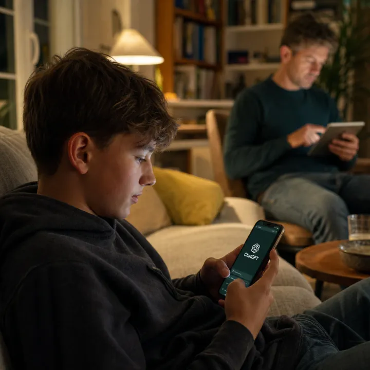 A teenager uses ChatGPT on a smartphone on the sofa, in the background a parent is blurry checking control settings on a tablet