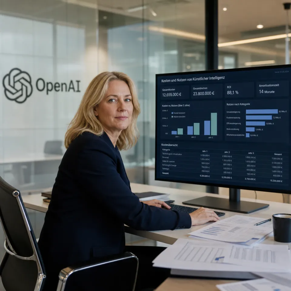 Eine Finanzvorständin analysiert an ihrem Schreibtisch Diagramme zu Kosten und Nutzen von Künstlicher Intelligenz, im Hintergrund ist das OpenAI-Logo zu erkennen.