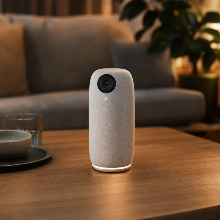 A slim, movable speaker without a screen, with a camera and a ring of sensors, sits illuminated on a living-room table – a symbolic image for OpenAI's planned hardware speaker.