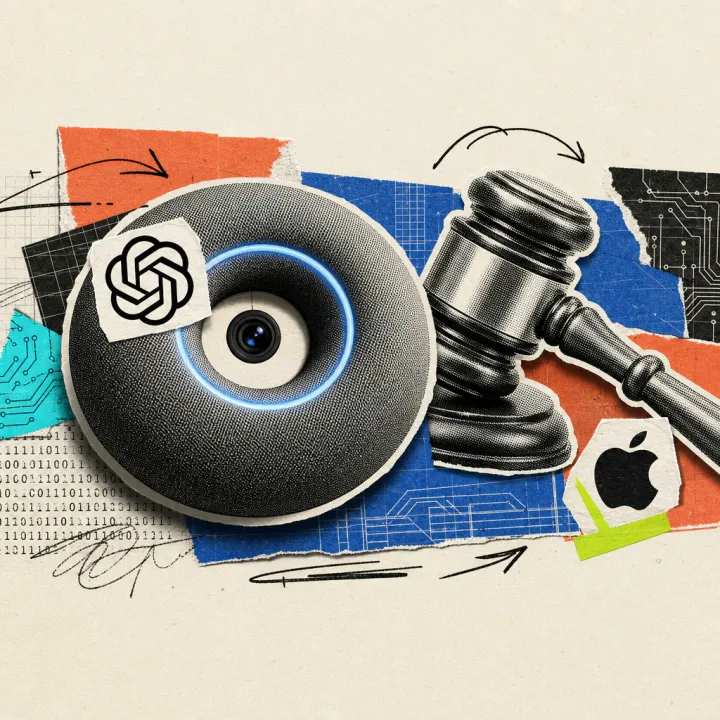 A donut-shaped speaker with a light ring and camera eye carries an OpenAI logo sticker, next to it lies a gavel with an Apple logo on the handle.