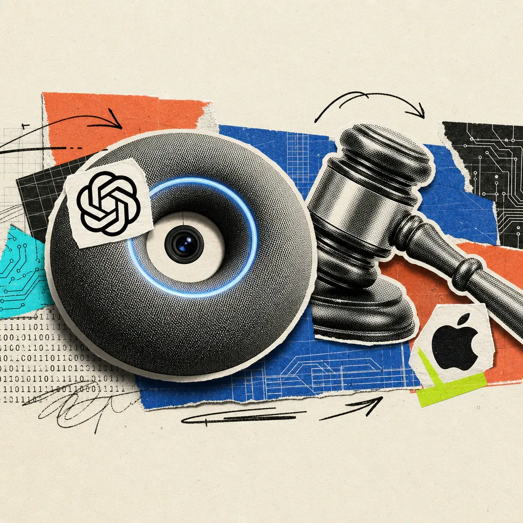 A donut-shaped speaker with a light ring and camera eye carries an OpenAI logo sticker, next to it lies a gavel with an Apple logo on the handle.