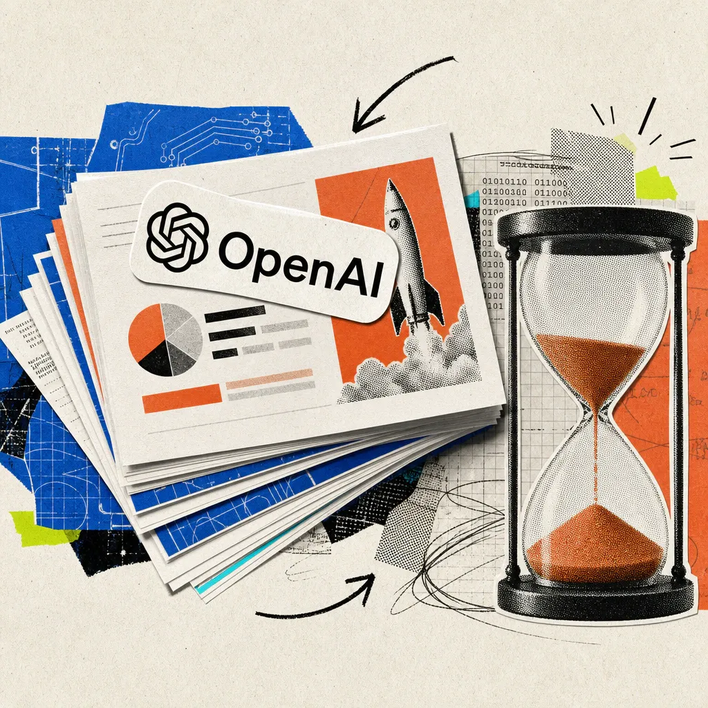 Ein OpenAI-Logo-Sticker klebt auf aufgefächerten Präsentationsfolien, daneben eine halb verronnene Sanduhr.