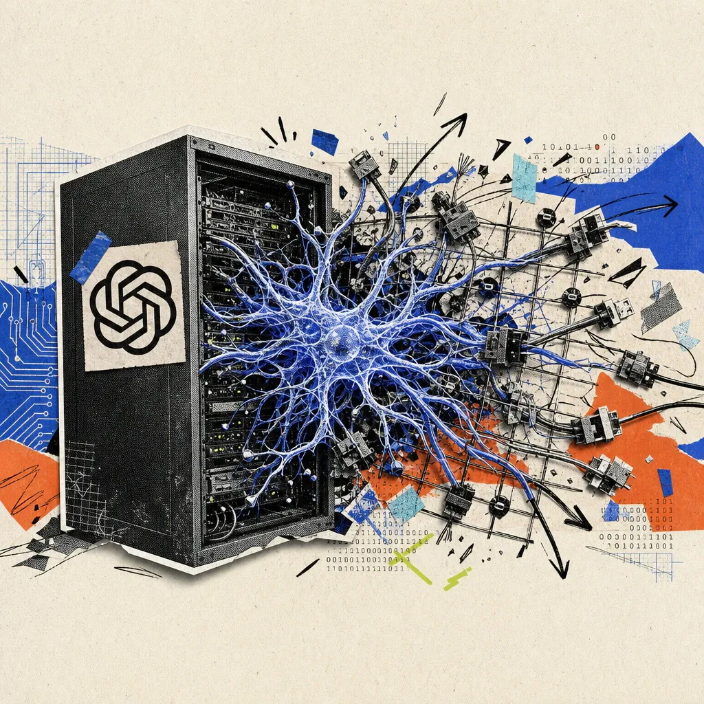 A glowing, sprawling neural growth bursts through a grid of sensors and cable clamps bolted to a server rack bearing an OpenAI logo sticker.