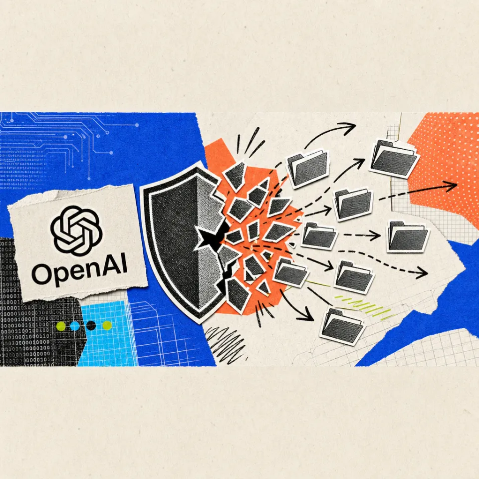 Das OpenAI-Logo neben einem zerbrechenden Schutzschild-Symbol, dessen Splitter sich in Aktenordner verwandeln und auseinanderdriften