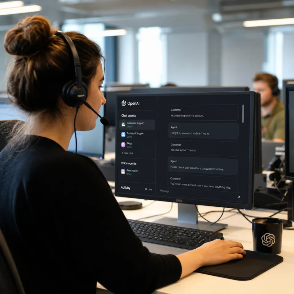 Kundenservice-Mitarbeiterin mit Headset vor einem Bildschirm mit der OpenAI-Presence-Oberfläche in einem Enterprise-Support-Center.