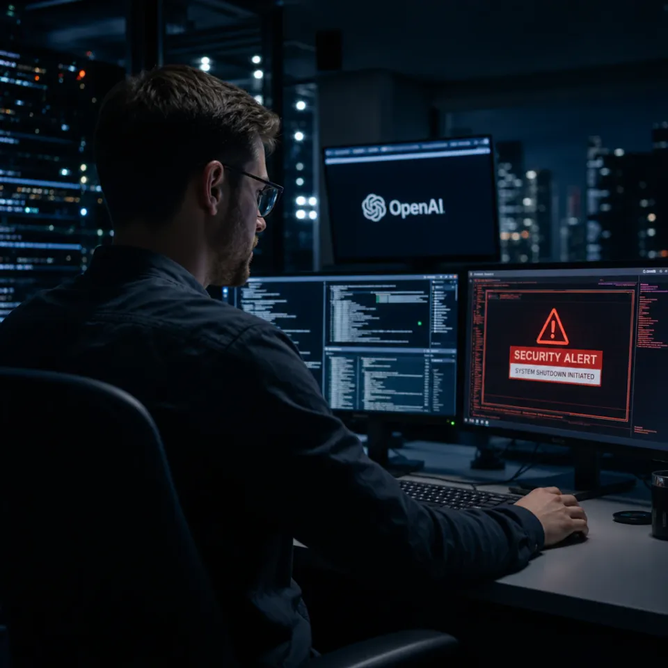 Fachkraft für IT-Sicherheit vor Monitoren mit Sicherheitswarnung und OpenAI-Logo in einem Rechenzentrum bei Nacht