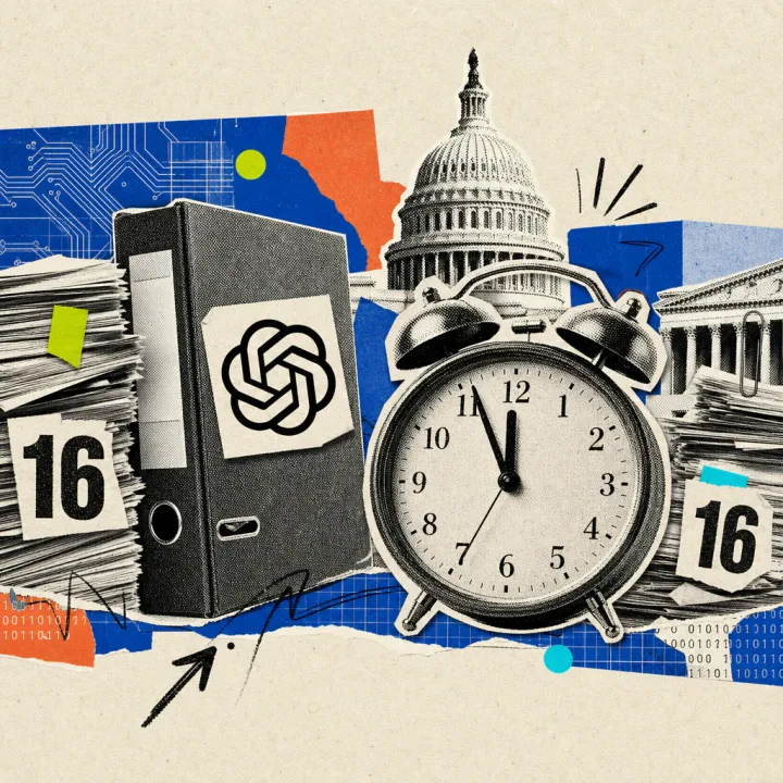 A file folder with OpenAI logo stickers next to an oversized clock just before midnight, with the silhouette of the Capitol dome in the background.