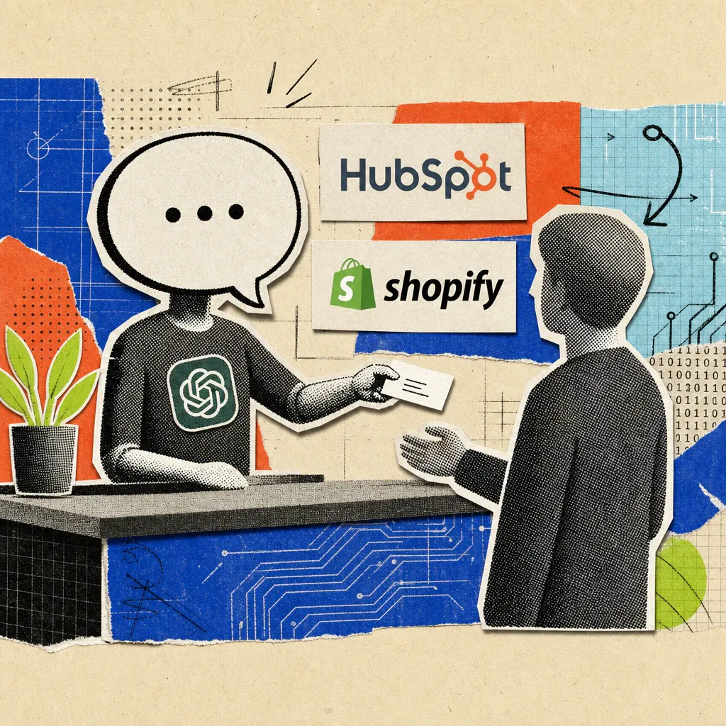 Eine Sprechblasen-Figur mit einem OpenAI-Logo-Aufnäher reicht eine Visitenkarte über einen Ladentisch, im Hintergrund hängen Schilder mit den Logos von HubSpot und Shopify.