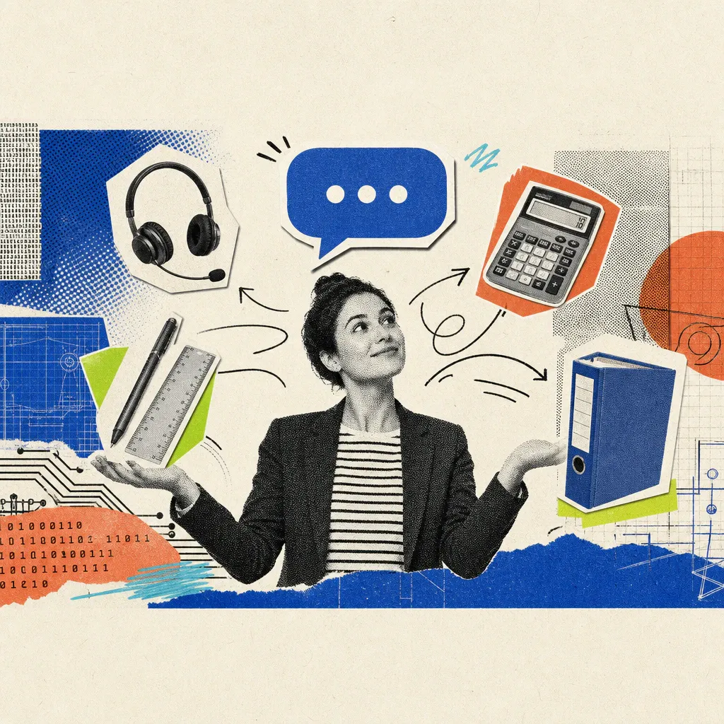 Eine Büroperson jongliert gleichzeitig mit einem Kundenservice-Headset, Stift und Lineal, einem Taschenrechner und einem Aktenordner, während über ihrem Kopf eine Chat-Sprechblase schwebt