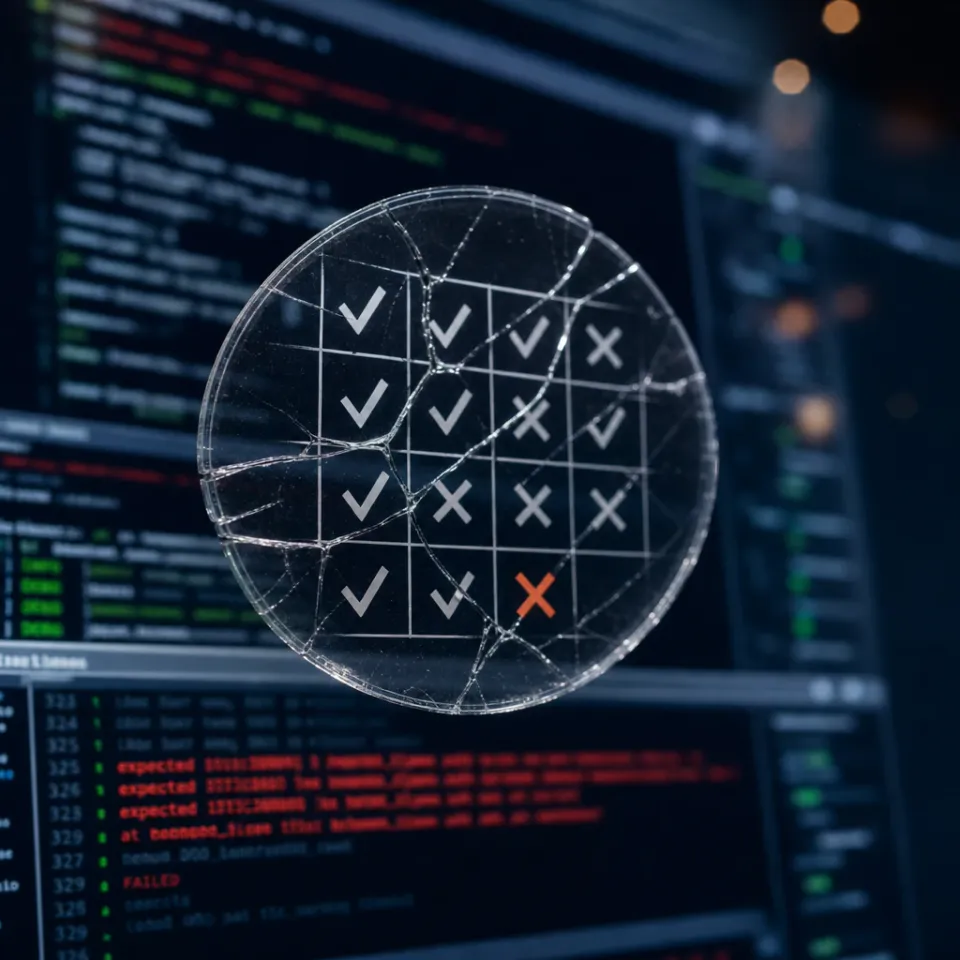 Abstract motif: a broken, transparent seal hovers over a series of code terminal windows, fine crack lines run through a grid of checks and crosses