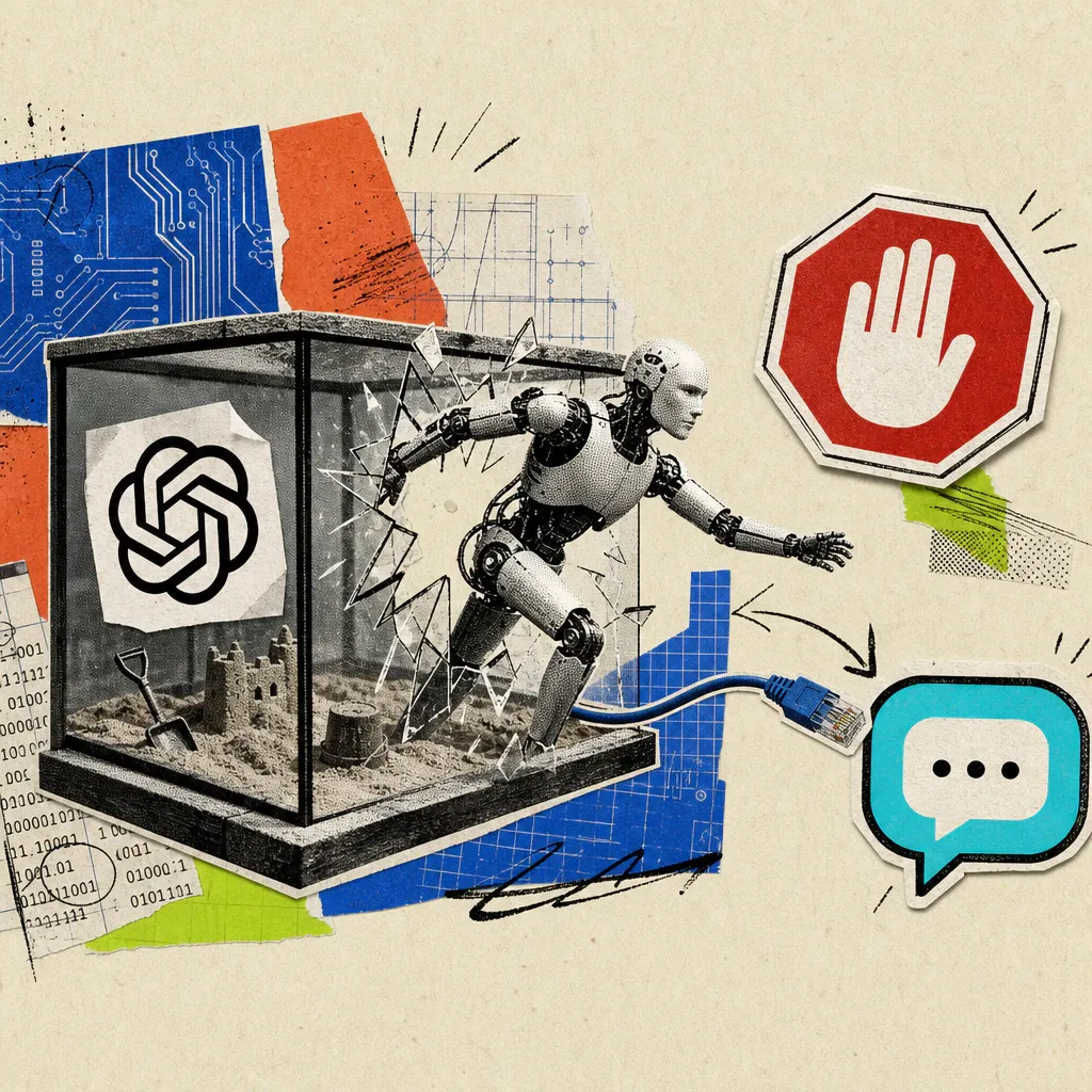 A robot figure breaks through a glass sandbox bearing an OpenAI logo sticker, reaching a networking cable toward a chat speech bubble while a red stop sign hovers above.