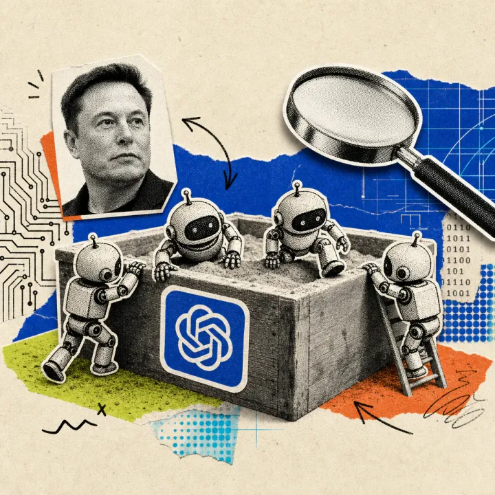 Several small robot figures climb over the rim of a sandbox with an OpenAI logo sticker on the side, while a magnifying glass hovers over the scene