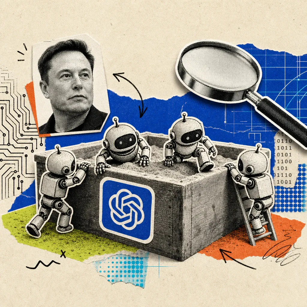 Several small robot figures climb over the rim of a sandbox with an OpenAI logo sticker on the side, while a magnifying glass hovers over the scene