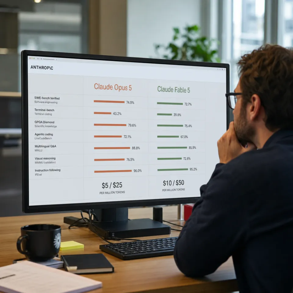 Entwickler vergleicht am Monitor die Benchmark-Werte und Token-Preise der Anthropic-Modelle Claude Opus 5 und Claude Fable 5