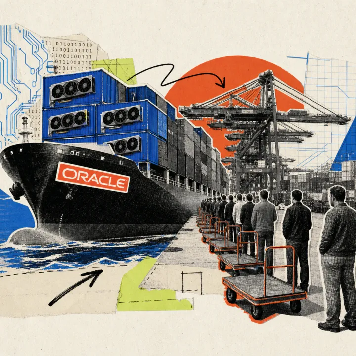 A cargo ship with Oracle logo stickers brings containers full of graphics processors to a crowded port, in front of which a line of corporate customers with empty transport carts is waiting.
