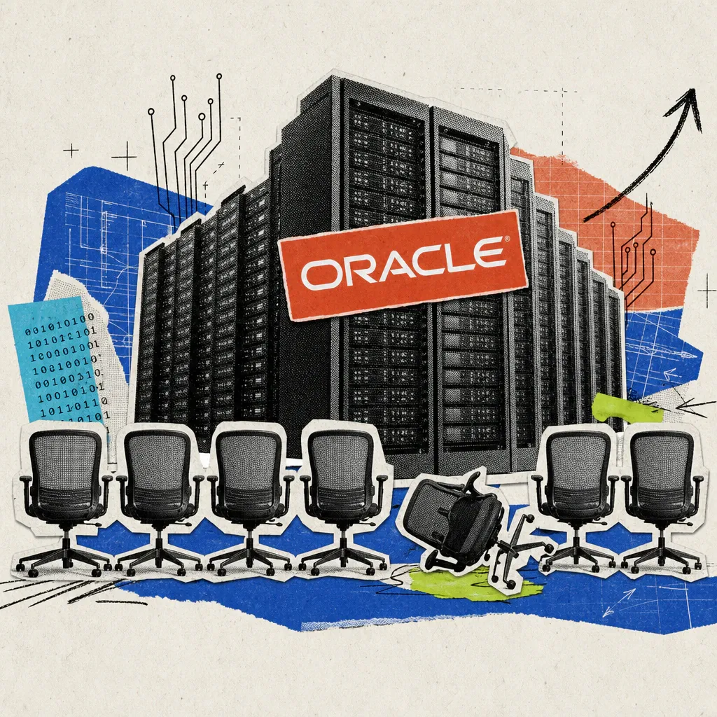 Ein Oracle-Logo-Sticker auf einem wachsenden Serverturm, davor eine Reihe leerer Bürostühle, einer davon umgekippt.